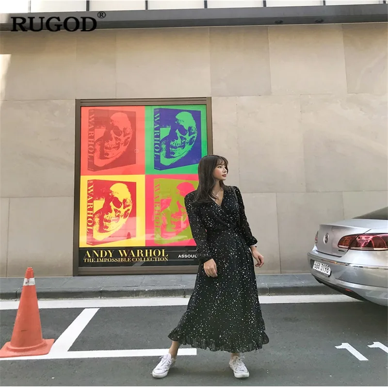 Шикарное длинное платье RUGOD с принтом звезд женское модное черное шифоновое