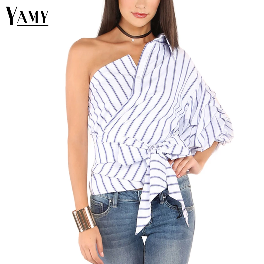Блузка женская летняя с длинным рукавом и бантом|blouses women tops|blue striped blousewomen blouses |