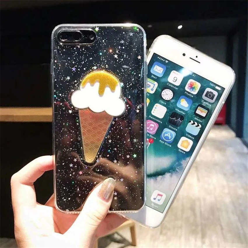 Luxury Glitter Ice Cream Phone Cases For iPhone 6 6S Plus Transparent Soft TPU Back Cover 7 8 X Coque Funda |