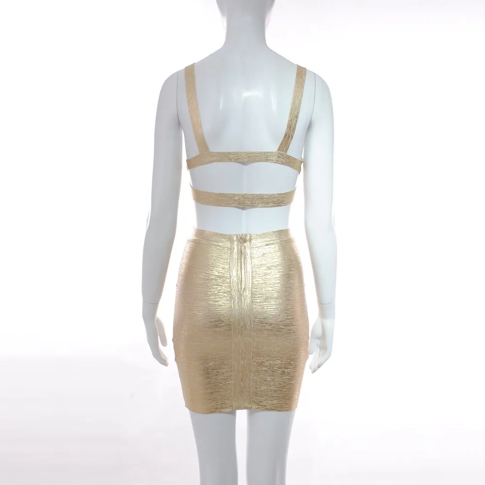 

Elegant high quality serxy women 2019 gold v neck spaghetti strap sleeveless bodycon bandage dress dropshipping