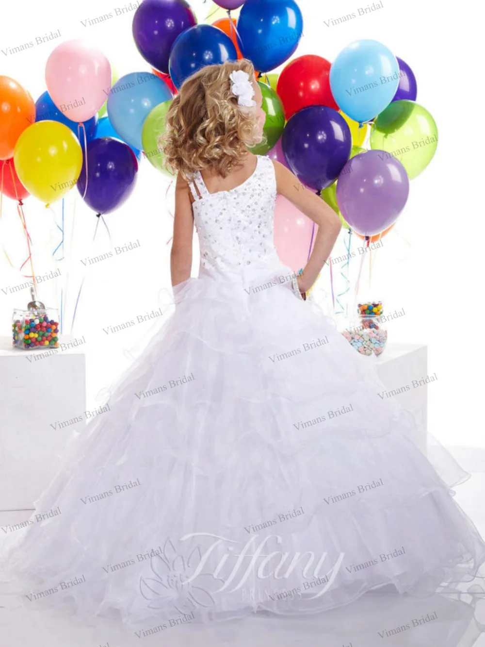 Дети платье подружки невесты белый многослойное Rouched бальное длинная - Flowergirl с