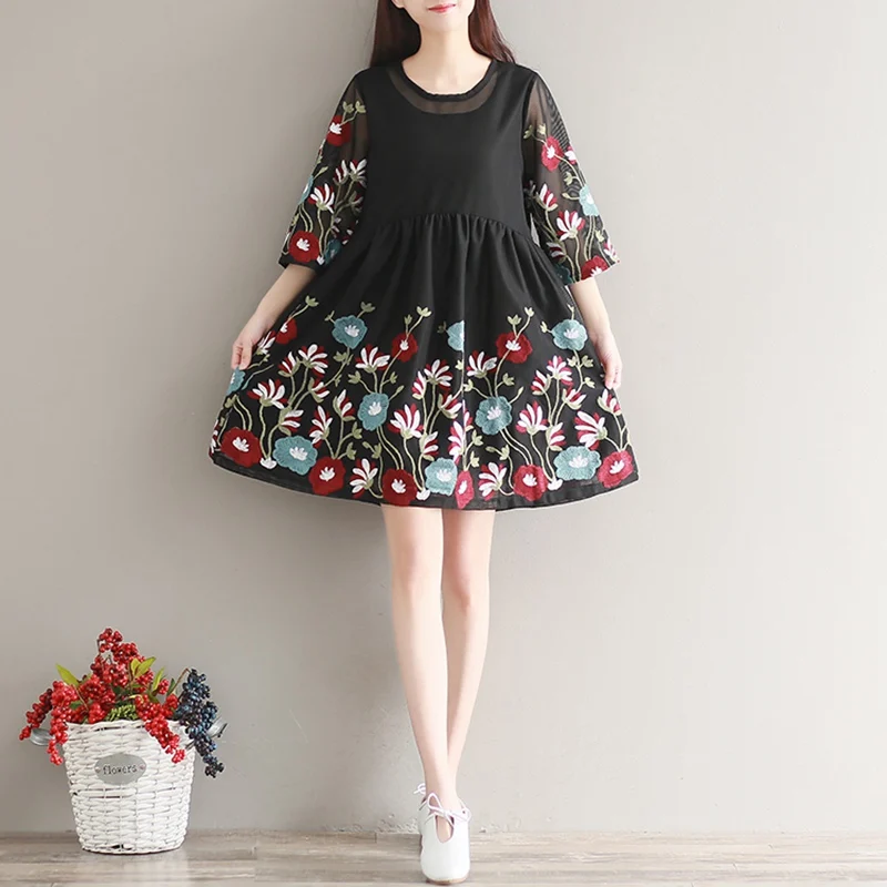 Женское платье с цветочной вышивкой винтажное А-силуэта коротким рукавом и