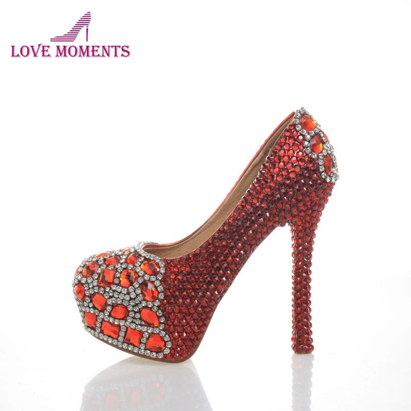 

Newest Round Toe red crystals with Red diamonds rhinestones bridal wedding shoes Red Beautiful High-heeled Prom Shoes Plus size