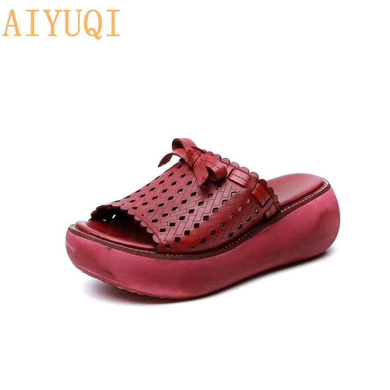red AIYUQI шлепанцы для женщин; Новинка года; женские шлепанцы из натуральной кожи на платформе; повседневные женские шлепанцы с бантом в стиле ретро; Босоножки с открытым носком - Цвет: red