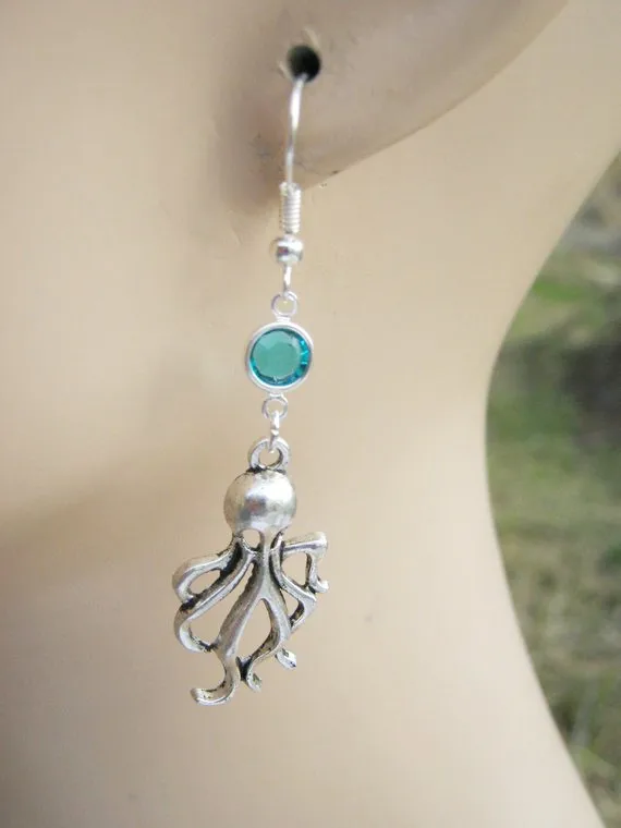 Серьги Octopus с камнем рождения глубоководные серьги подвесками осьминоги пляжные