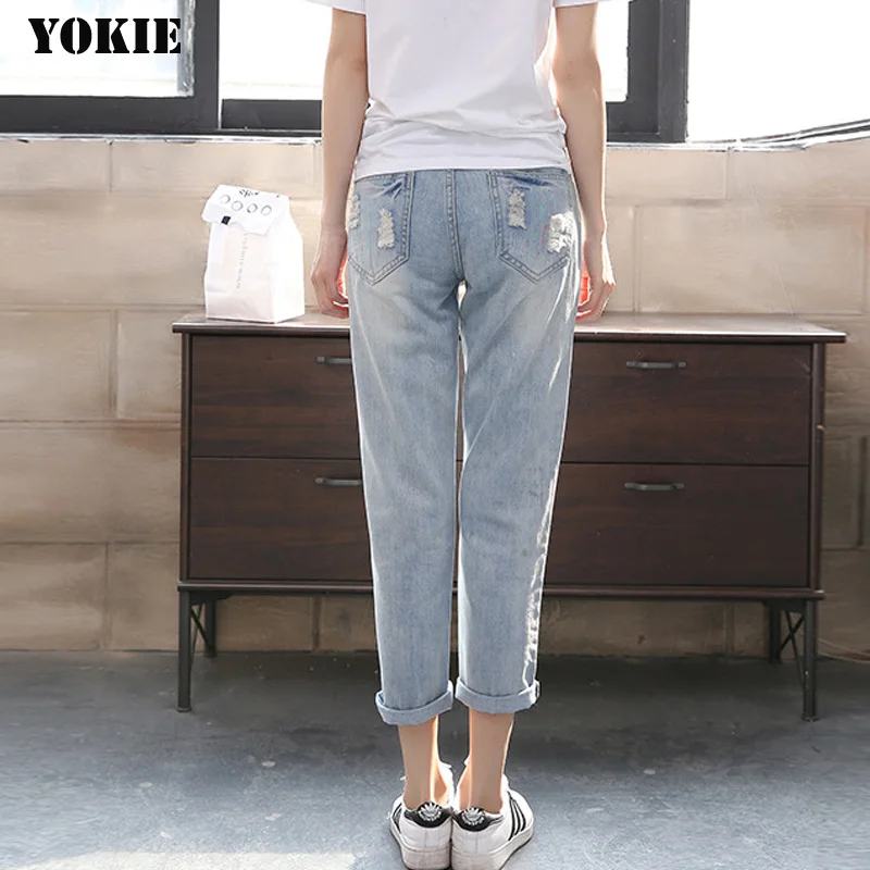 Женские джинсы с дырками и вырезами большие размеры светло-голубые женские Новое