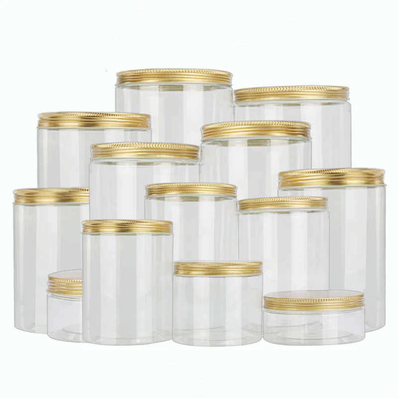 

15pcs/lot Plastic Jar Plastic Storage Bottle For Food Candy Cookie Plastic Tube PET Bottle Aluminum Lids Cosmetic Jar Gold Caps
