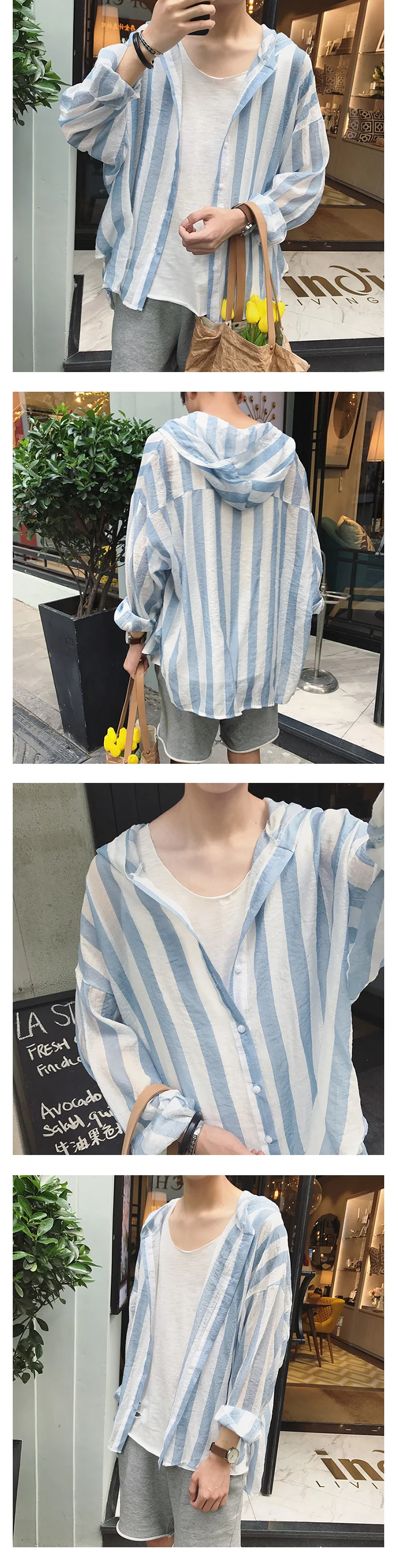 Summer Casual Streetwear Long Sleeve Fashion Korean Style Striped Hooded Mens Shirt