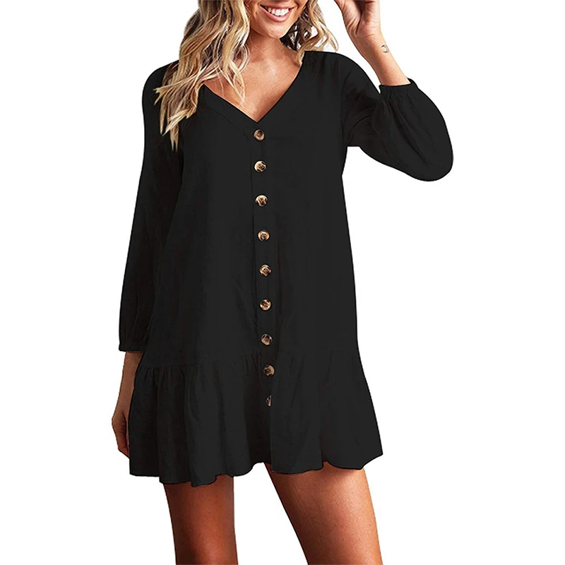 Сексуальное женское однобортное платье с v-образным вырезом и длинным рукавом