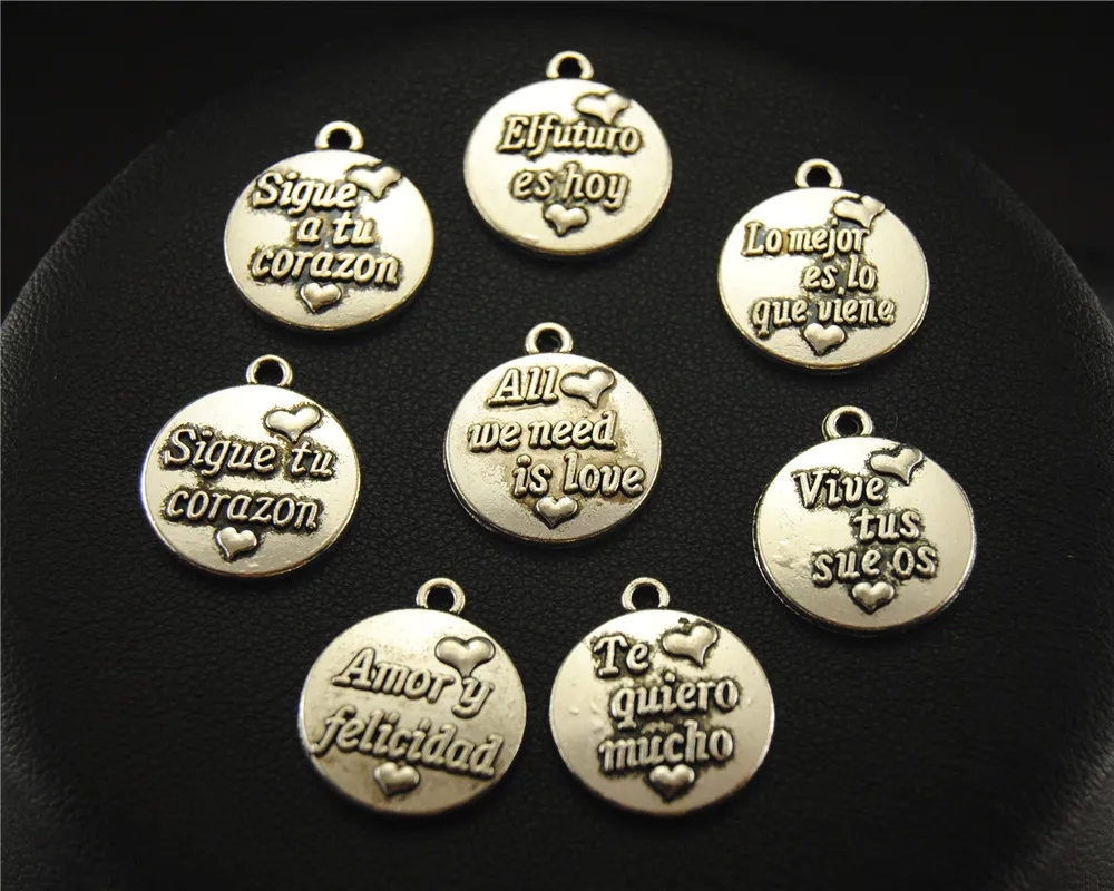 

20pcs Silver Color spanish language for love Round Charm Pendant DIY Necklace Bracelet Bangle Findings 16mm A1624-1631