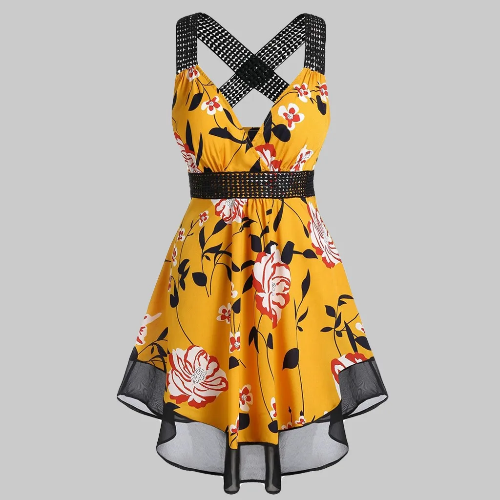 Женские V образным вырезом размера плюс Цветочный принт туника топ на бретелях