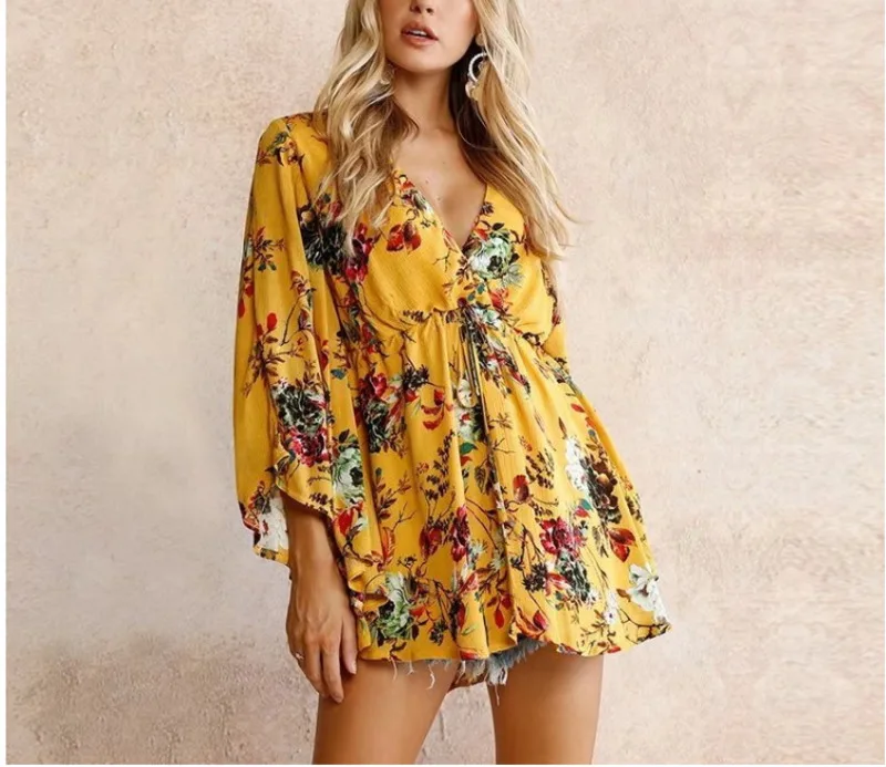 Women Sexy V neck Lace Up Boho Dress Yellow Floral Batwing Sleeve Beach Summer Dresses Long Vintage | Женская одежда