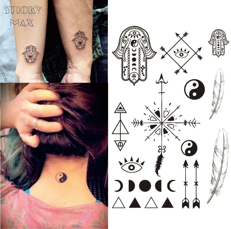 W13 1 шт. временная татуировка хамса с инъянгом фаза Луны перо стрела рисунок тела