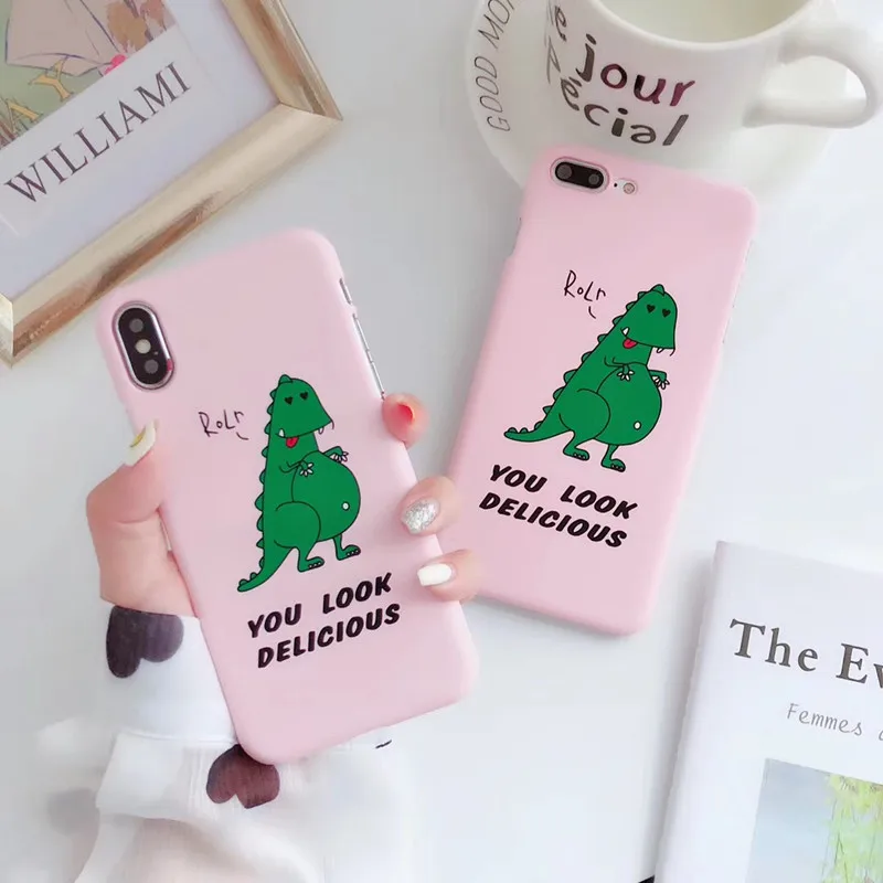 cute dinosaur Phone Case For iPhone 6 6s 7 8 Plus X XS Max XR green\yellow\pink Half pack Frosted pc hard covers accessories |