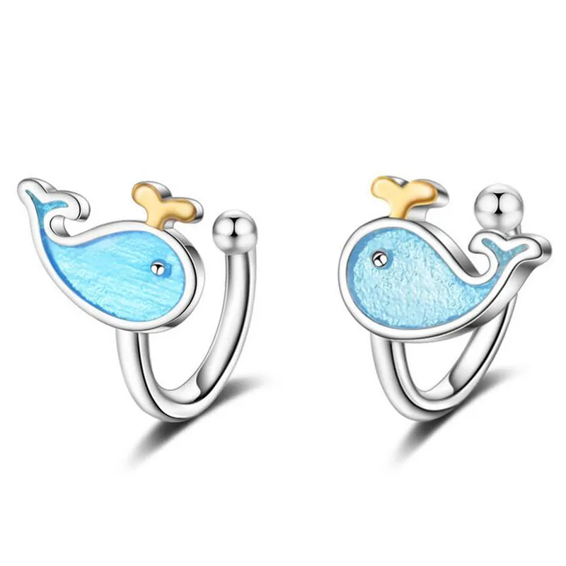 silver color Модные детские серьги-клипсы с эмалью серебристого и голубого цвета с милыми дельфинами и морскими животными, 925, красивые вечерние ювелирные изделия для маленьких девочек и женщин, EH316 - Окраска металла: silver color
