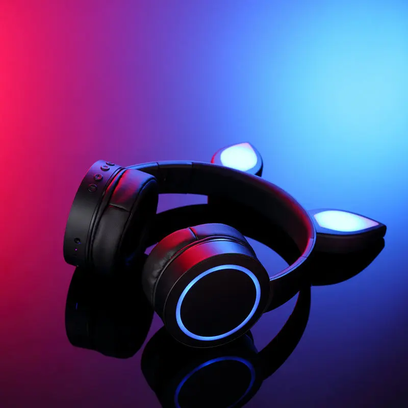 Новый мультфильм светящиеся кошачьи уши наушники светодиодный беспроводной Bluetooth розовый черный складной