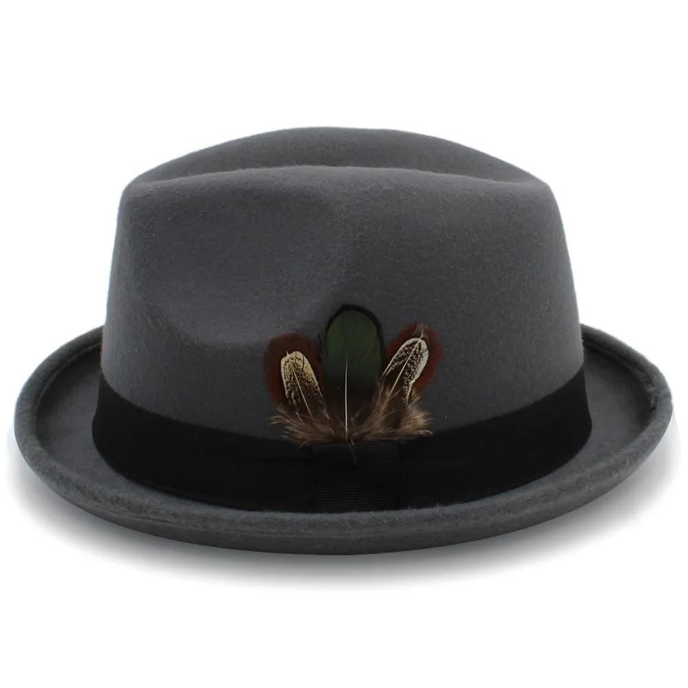 Мужская шерстяная шляпа федора с перьями для церкви джазовая Панама