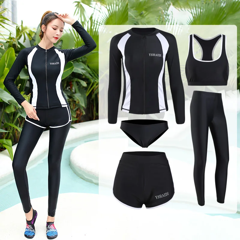 19810-white Swimwear Women's Swim Fitness Rush Guard Outdoor Sports Swimming Diving Surfing 5-Piece Set Long Sleeve Leggings Shorts Bikini - Цвет: 19810-white
