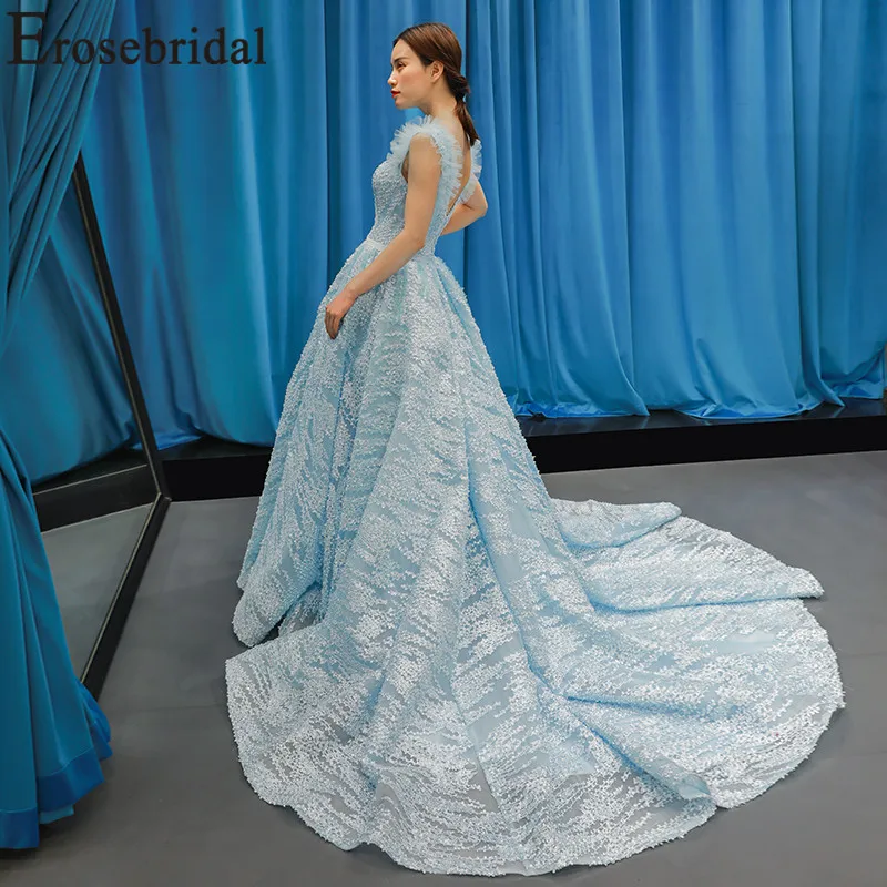 Женское длинное свадебное платье Erosebridal синее кружевное на шнуровке с цветами