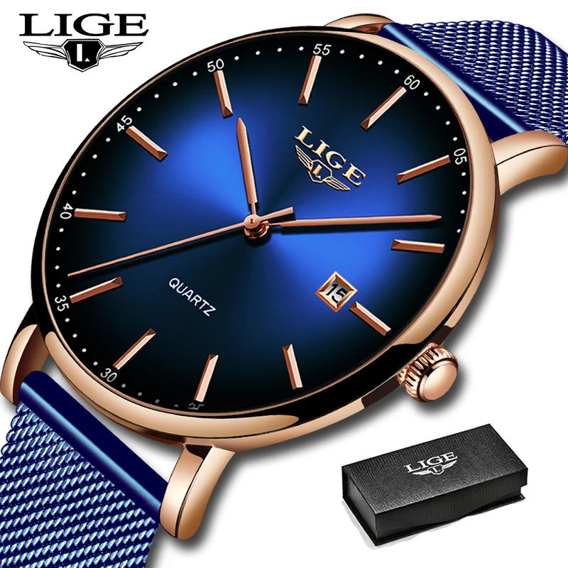 Часы наручные LIGE мужские водонепроницаемые брендовые Роскошные ультратонкие