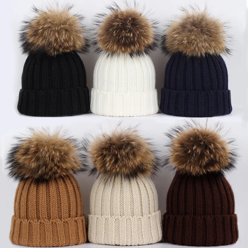 Winter new children's knitted cotton hats warm and comfortable girl real raccoon fur pompom Skullies boy ski caps Beanies thick |