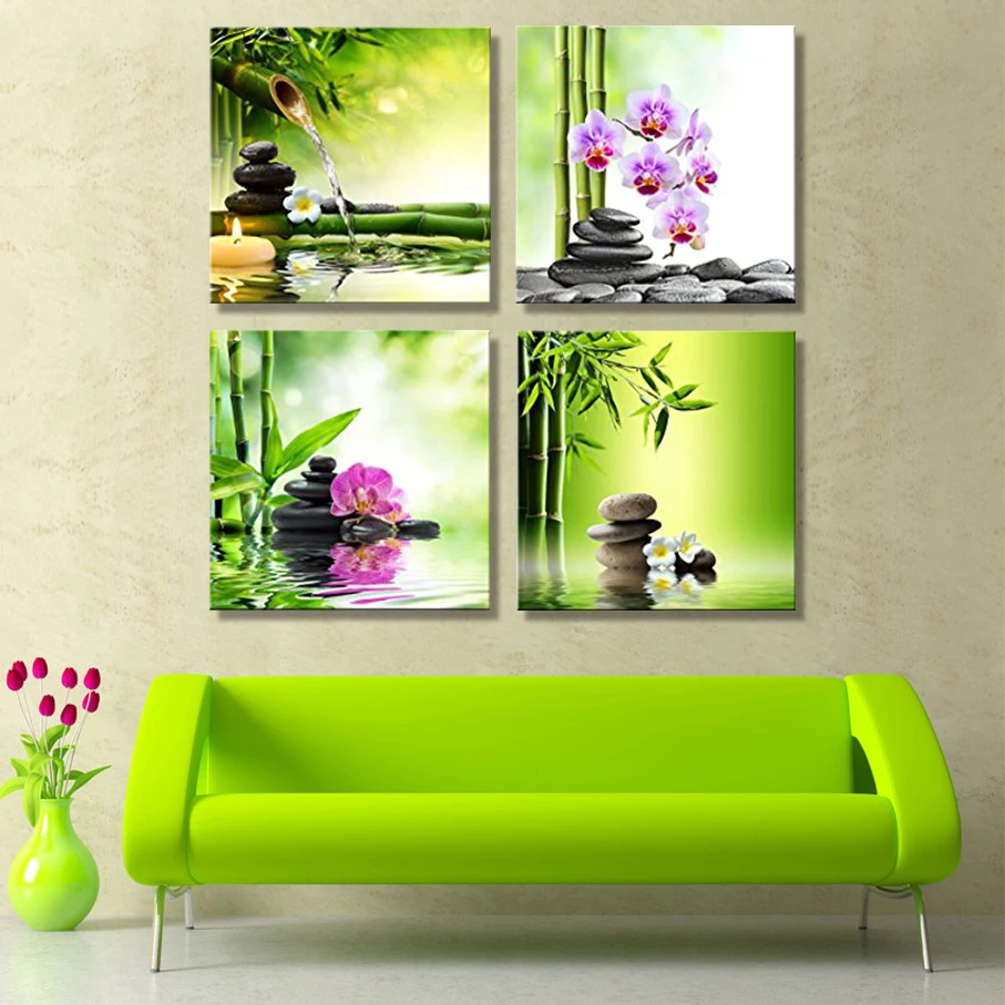 4 шт. художественное оформление на холсте зеленая Орхидея галька модульный