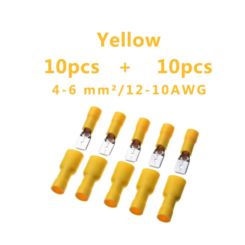 20pcs 10sets yellow 6.3mm 22-16 16-14 12-10AWG Female Male Electrical Wiring Connector Insulated Crimp Terminal Spade FDFD MDD1.25-250 2.5-250 5-250 - Цвет: 20pcs 10sets yellow
