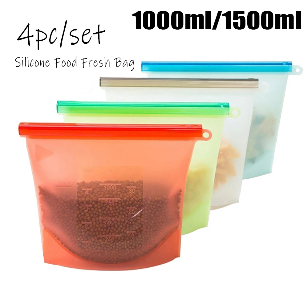 

4PCS Reusable Seal Silicone Food Fresh Bag Vacuum Sealer Fruit Meat Milk Storage Bags Kitchen Accessories1000ml/1500ml
