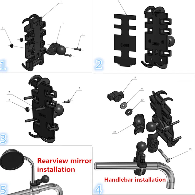 Motorcycle Handlebar Mount Kit Holder Double Socket Arm with Base Mount Rear View Mirror for Cell Phones& Smartphones RAM mount