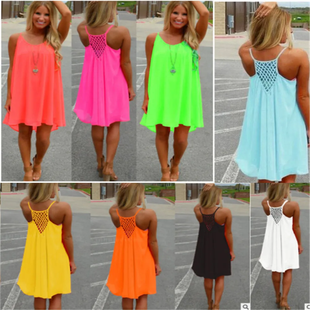 Daddy Chen Summer Beach Dress Sexy Strap Big Size Loose Casual Chiffon Spaghetti Mesh Backless Solid Vestiti Donna | Женская одежда