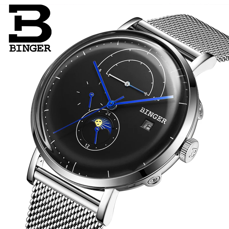 

Reloj hombre Switzerland BINGER Moon Phase Automatic Watch Men Mutifunctional Mechanical Watch Men Sapphire Calendar Week Month