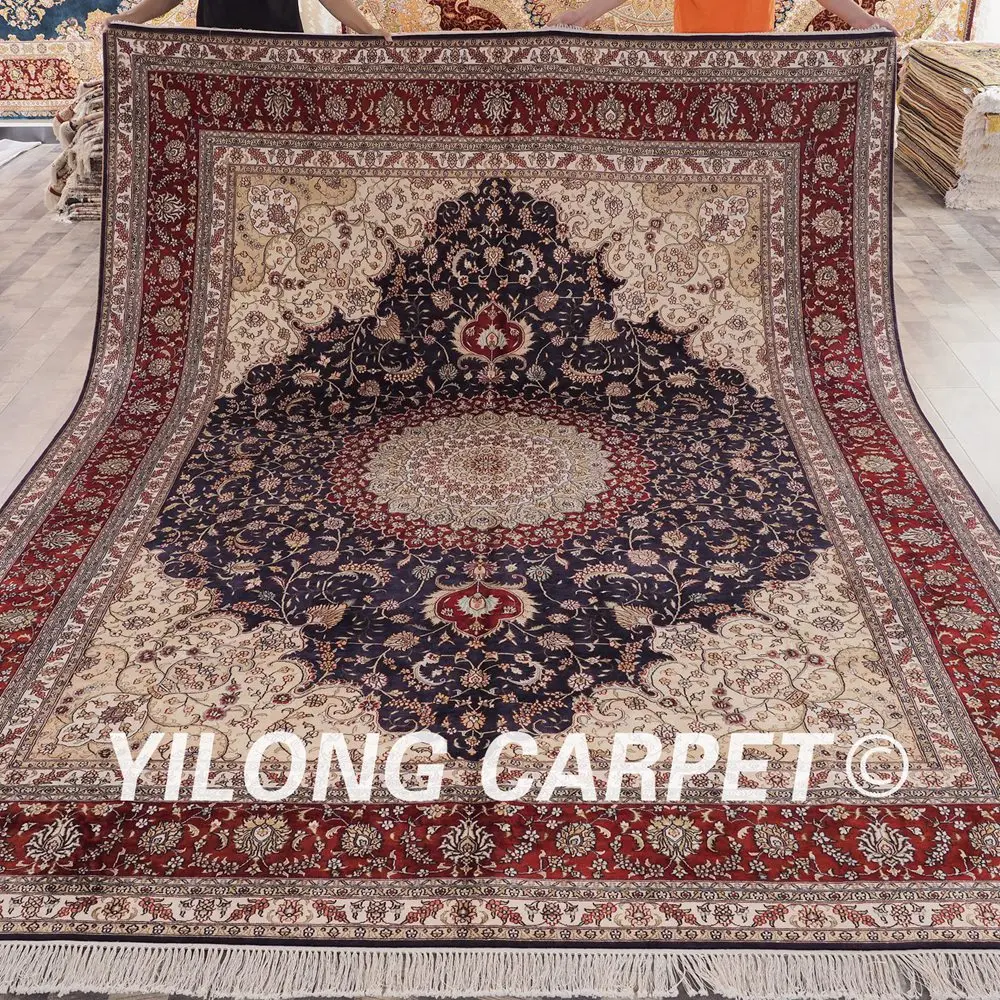 Kopen Yilong 9'x12 'Antieke Tabriz Zijde Kleed Grote Donkerblauw Vantage Turkije Handgemaakte Zijden Tapijt (LH08B9x12)