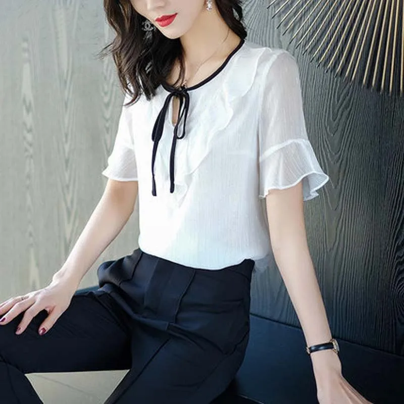 

Women Spring Summer Style Blouses Shirts Lady Casual Short Sleeve Peter Pan Collar Blue White Blusas Tops DF2708