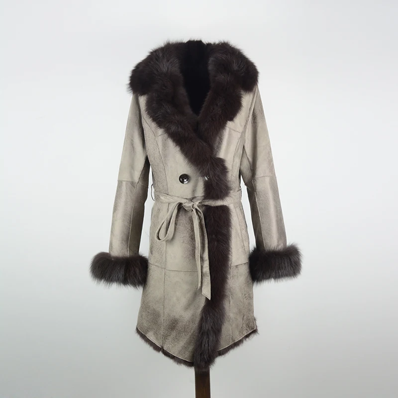 rf0232 Real Fur Shearling Coat Women Real Fox Fur Collar Natural Rabbit Fur Shearling Outwear