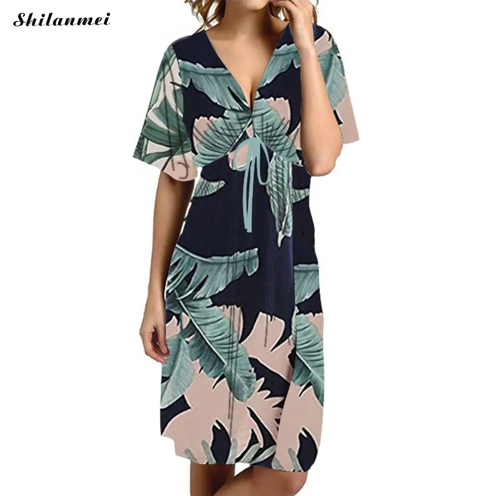 Женское платье с коротким рукавом V-образным вырезом и цветочным принтом |