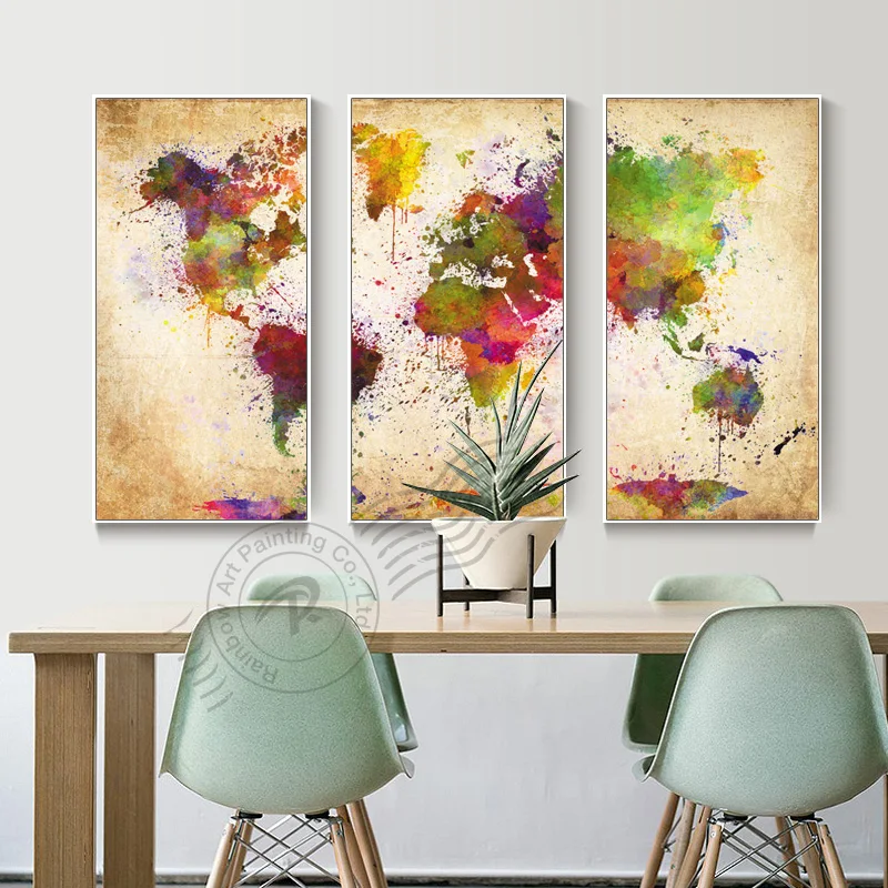 3 Панели холст настенная живопись абстрактная картина маслом карта мира