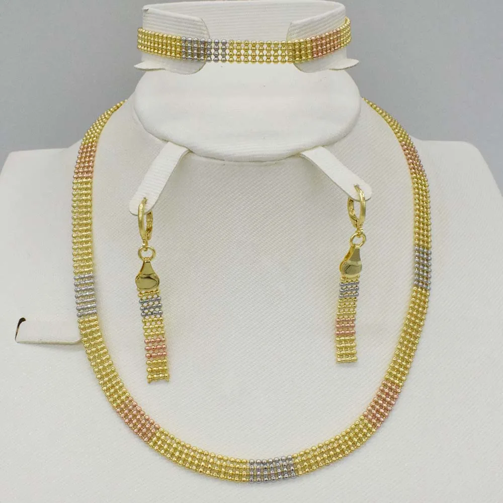 

3 Tones High Quality Italy 750 Jewelry Sets Fashion Dubai gold African beads wedding jewelry Necklace earrings Chain Bracelet