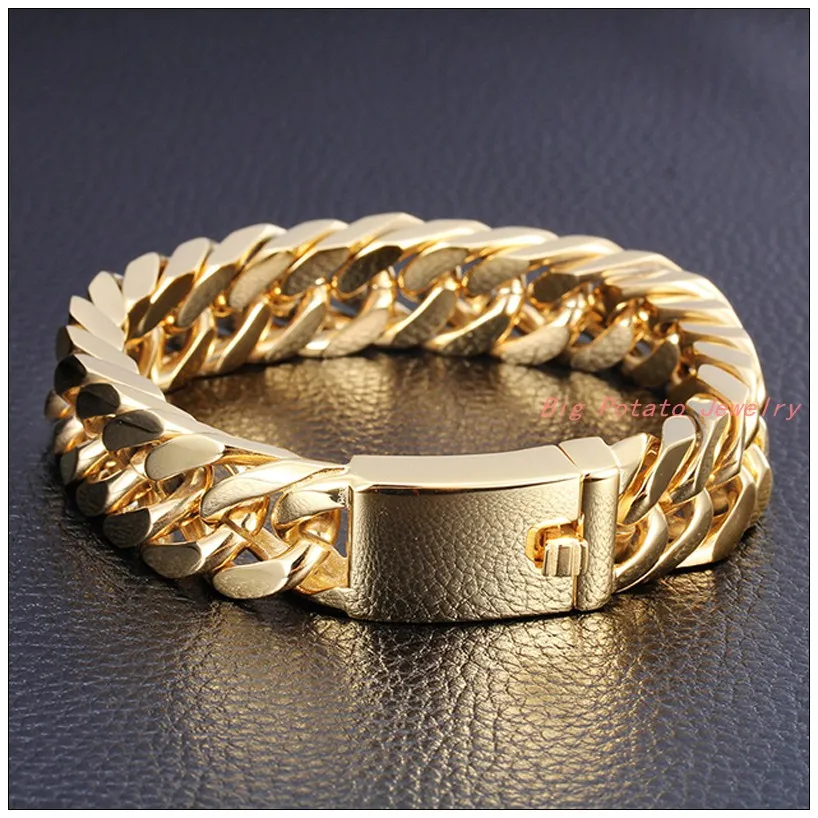 

8.5"x14mm New Charming Gold Tone Link Mens Jewelry 316L Stainless Steel Curb Cuban Chain Bracelet Bangle Good Gift