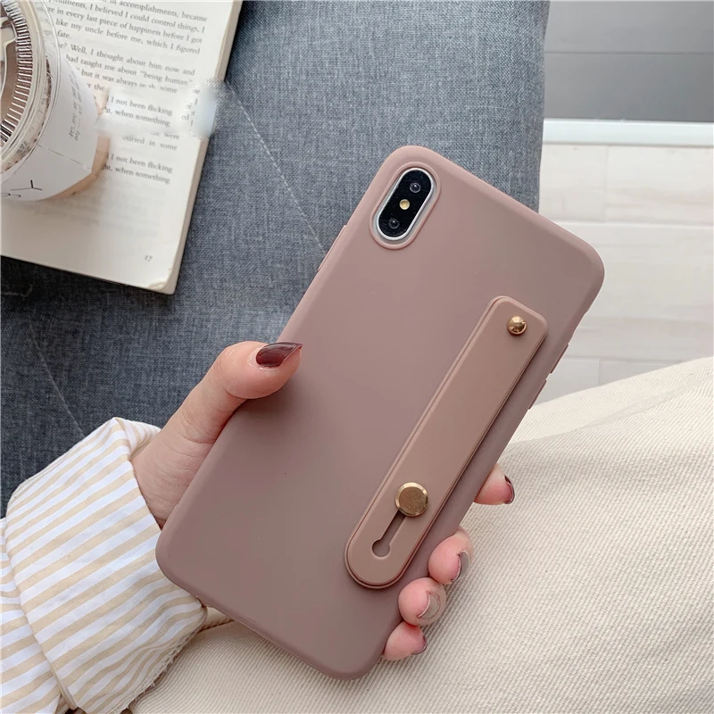 Simple Matte Candy Wrist Strap Hand Band silicone case for iPhone 6 6s 7 8 Plus X Xr Xs Max Back Phone Stand Ring Protect Cover