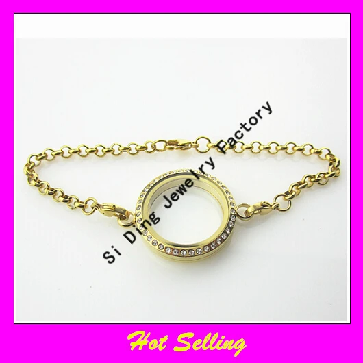 

316L stainless steel twist floating glass locket bracelet gold screw open with crystals floating lockets 30mm