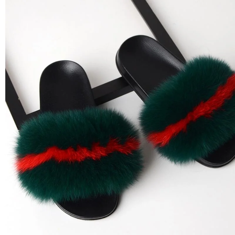 Тапки женские из лисьего меха Милые Плюшевые Пушистые летние шлепанцы зимние