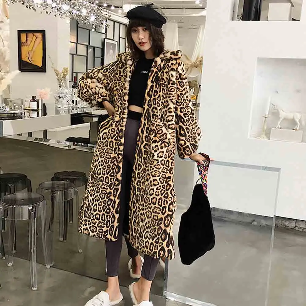 FIRSTTO стильная леопардовая мохнатая шуба из искусственного меха норки Длинная