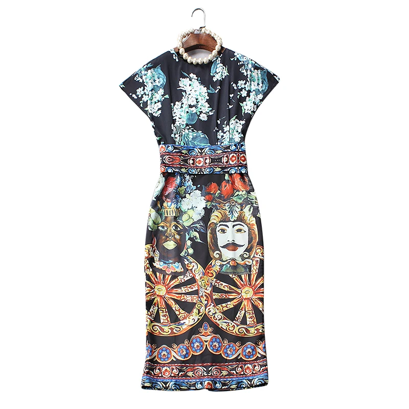 Truevoker Runway Trends Dress Women Vintage Floral Wheel Print Waistbrand Knee Length Robe Ethnic Holiday Mujer Festa Vestido | Женская