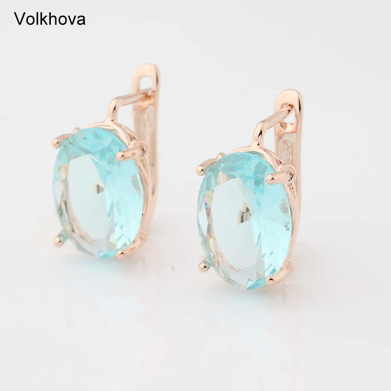 Sea Blue Новые модные овальные серьги-гвоздики 9 цветов для женщин, 585 розовое золото, хорошее ювелирное изделие, циркониевые цветные серьги, трендовые ювелирные изделия для девочки, подарок - Окраска металла: Sea Blue