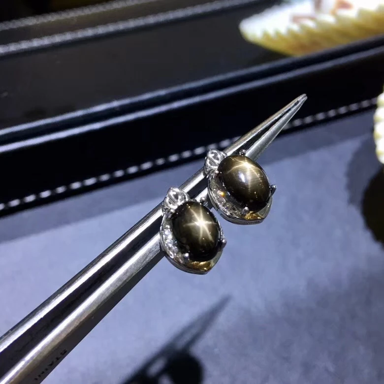 Серьги из серебра 925 пробы с натуральным черным сапфиром|Серьги-гвоздики| |