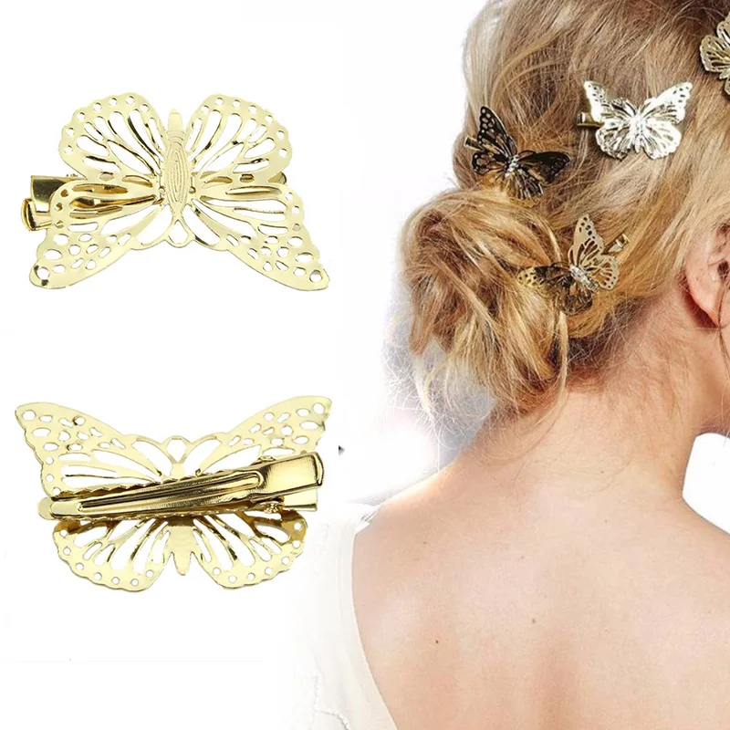Заколка с ажурным наконечником бабочки шикарная Золотая свадебная заколка для