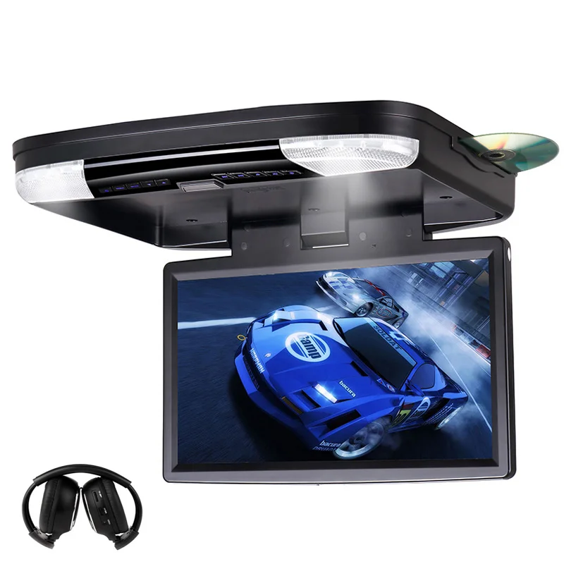 XST 15,6 дюймовый автомобильный потолочный DVD откидной на крышу автомобиля DVD монитор DVD со встроенным ИК fm-передатчиком HDMI порт USB SD MP5 плеер - Цвет: Black with headphone