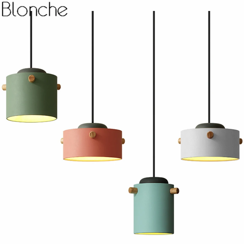 Nordic Wood Iron Pendant Lights Macaron Lampshade Led Hanging Lamp Industrial Decor Home Fixtures Kitchen Bar Lighting Luminaire | Лампы и