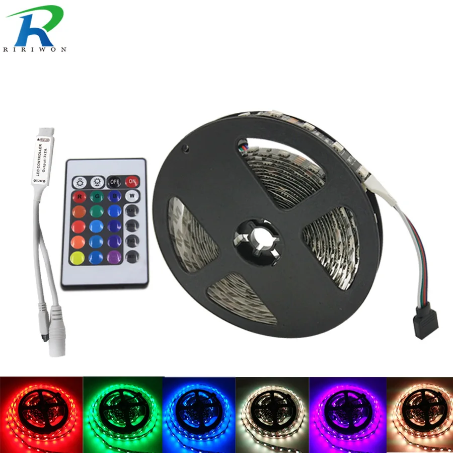 Черный цвет, 5 м RGB Светодиодные ленты DC 12V SMD 5050 не Водонепроницаемый Гибкая ленточная Красочные Веревка светильник струнные лампы+ светодиодный контроллер+ Мощность