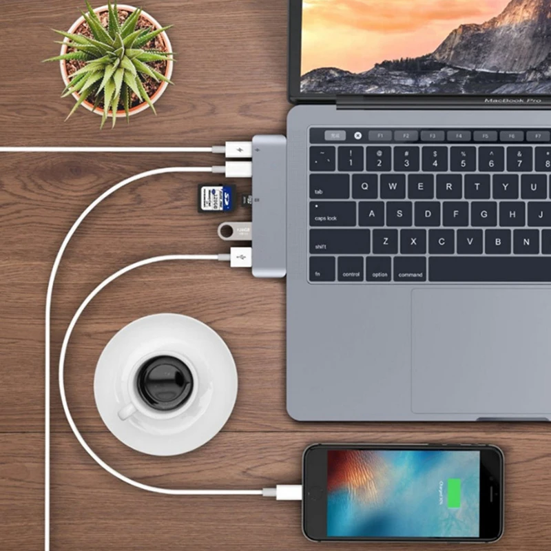 6 в 1 USB C концентратор type C концентратор TF Micro SD кардридер type-C до USB3.0 с USB-C зарядное устройство PD для MacBook Pro 1" 15"